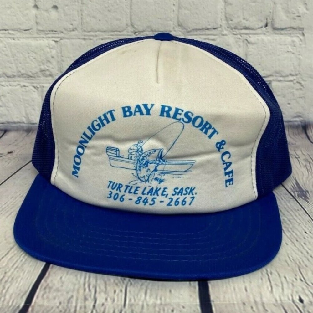 Vintage Hat Cap Snapback Blue White Moonlight Bay Resort CAFE Trucker Mesh Blue